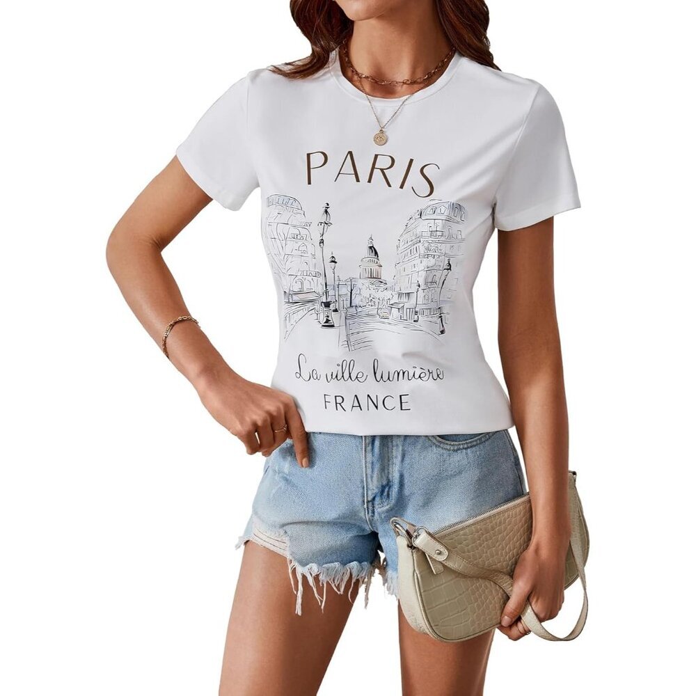 Women's Paris Graphic T Shirt Crew Neck Short Sleeve Casual Top Large - Picture 7 of 7
